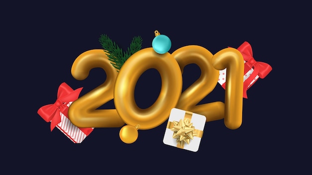 2021 feliz año nuevo 3d dorado con caja de regalo