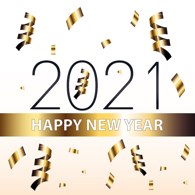 2021 feliz año nuevo y diseño de estilo confeti dorado, bienvenida, celebración y saludo.