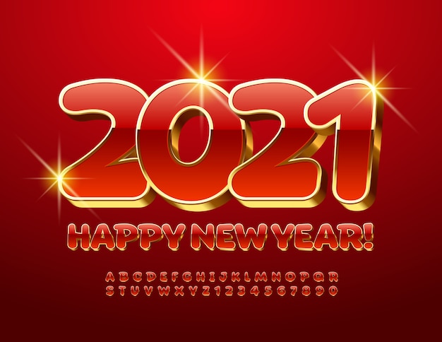 2021 Feliz año nuevo. Fuente 3D en mayúsculas. Números y letras del alfabeto rojo y dorado de lujo.