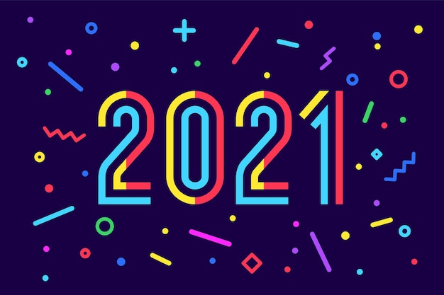 2021, feliz año nuevo. inscripción de saludo. estilo geométrico brillante de memphis