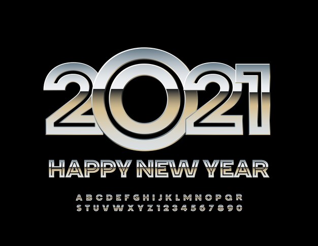 Vector 2021 feliz año nuevo metal fuente creativa conjunto de letras y números del alfabeto de plata