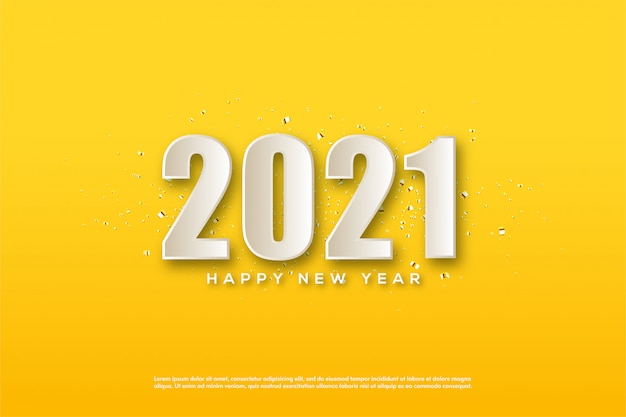 2021 feliz año nuevo con números blancos 3d sobre fondo amarillo