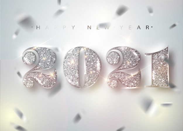 2021 Feliz año nuevo. Números de diamantes y confeti brillante que cae.