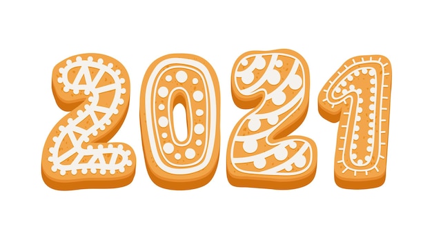 2021 Feliz año nuevo saludo tipografía para tarjeta con galleta de jengibre aislado sobre fondo blanco. Felicitación de vacaciones de temporada de invierno, elemento de diseño creativo. Ilustración de Vector de dibujos animados, icono