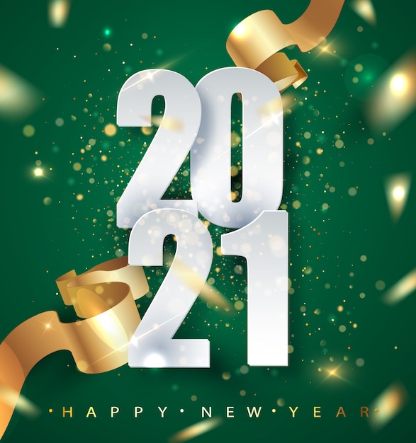 2021 fondo verde feliz año nuevo con cinta de regalo dorada, confeti, números blancos. Navidad celebrar diseño. Plantilla de concepto premium festivo para vacaciones.