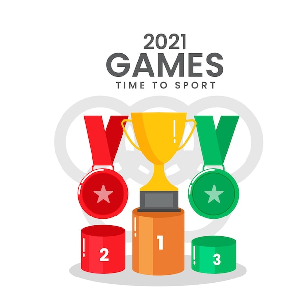 2021 juegos time to sport concepto con podio de tres ganadores sobre fondo blanco símbolo olímpico.