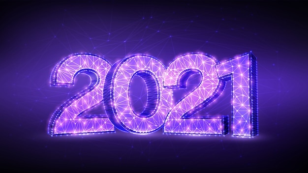 2021 Números. Feliz año nuevo 2021 diseño de banner. Tarjeta de felicitación de año nuevo 2021 poligonal baja geométrica.