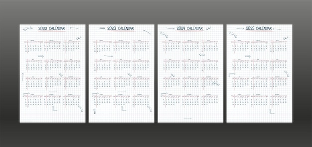 2022 2023 2024 2025 calendario planificador semanal y lista de tareas texto y elementos de tipo de fuente dibujados a mano estilo de nota escolar hoja de cuaderno a cuadros con flechas y marcos lineales