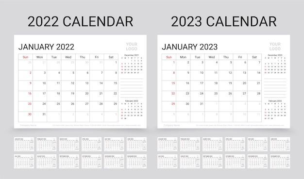 2022 2023 años calendario Diseño del planificador Ilustración vectorial Cuadrícula de programación de tablas