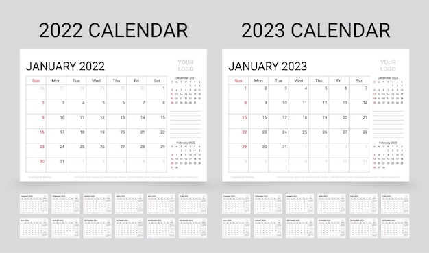 2022 2023 años calendario diseño del planificador ilustración vectorial cuadrícula de programación de tablas