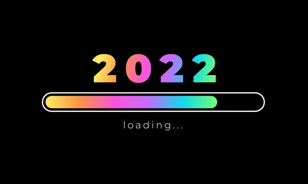 2022 año nuevo diseño de barra de carga holográfica sobre fondo negro. Cita divertida sobre el año nuevo 2022. Diseño tipográfico para cartel de vacaciones de invierno, estampado de camiseta. Ilustración vectorial