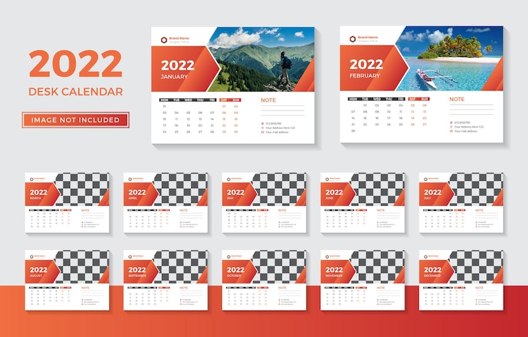 2022 año nuevo diseño de plantilla de calendario de mesa o escritorio simple con formas abstractas Vector premium