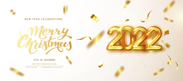 2022 Celebraciones de año nuevo. Los números dorados datan de 2022 con confeti dorado brillante que cae de la tarjeta de felicitación. Feliz Navidad Banner