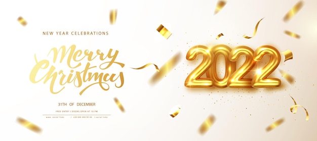 2022 celebraciones de año nuevo. los números dorados datan de 2022 con confeti dorado brillante que cae de la tarjeta de felicitación. feliz navidad banner