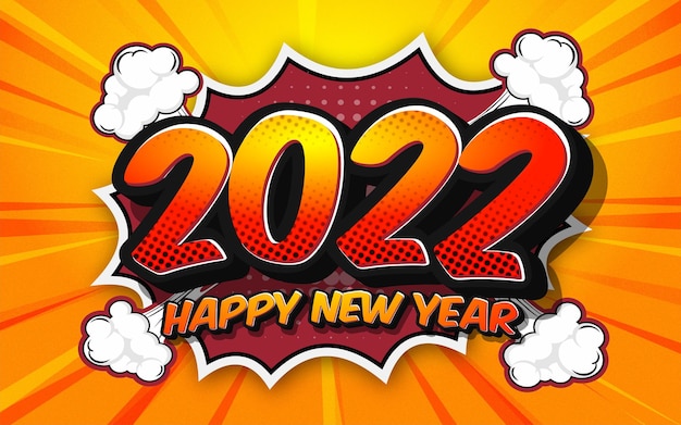 2022 feliz año nuevo banner de diseño de estilo cómico