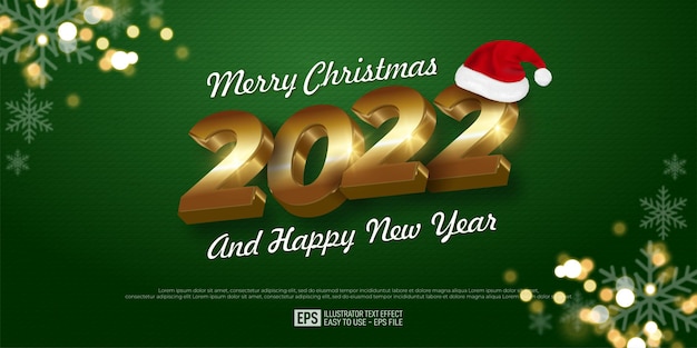 Vector 2022 feliz año nuevo banner diseño de número de oro sobre fondo de color verde, brillo con copo de nieve, sombrero de santa navidad.