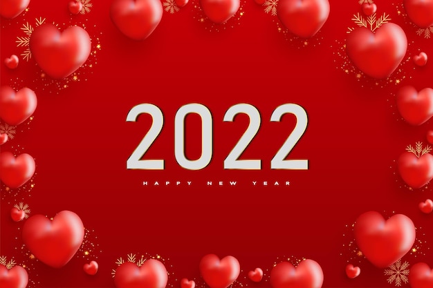 2022 feliz año nuevo con decoración de globos de corazón alrededor de números