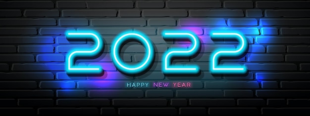 2022 feliz año nuevo diseño de número de luz de neón en la ilustración de vector de fondo negro de pared de bloque