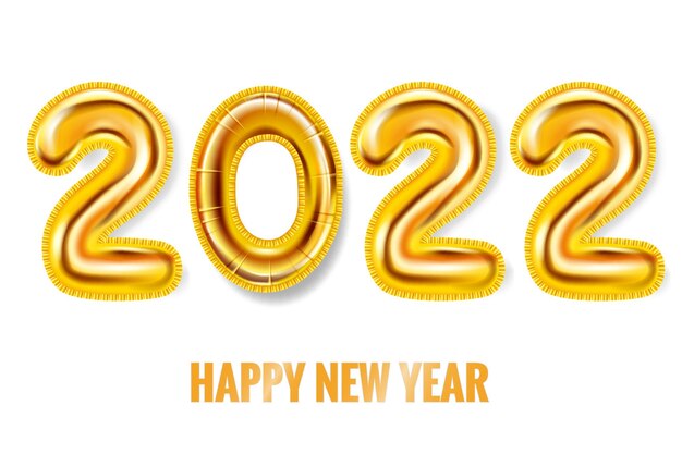 2022 feliz año nuevo globos dorados lámina de oro numerales poster banner vector ilustración 3d