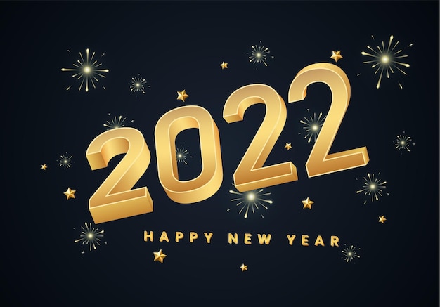 2022 Feliz año nuevo Gold 3D números y letras sobre un fondo oscuro con saludos y estrellas