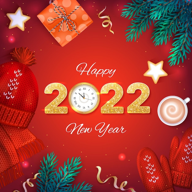 2022 Feliz año nuevo Números dorados con lentejuelas y reloj de pared Tarjeta de volante de banner de fondo