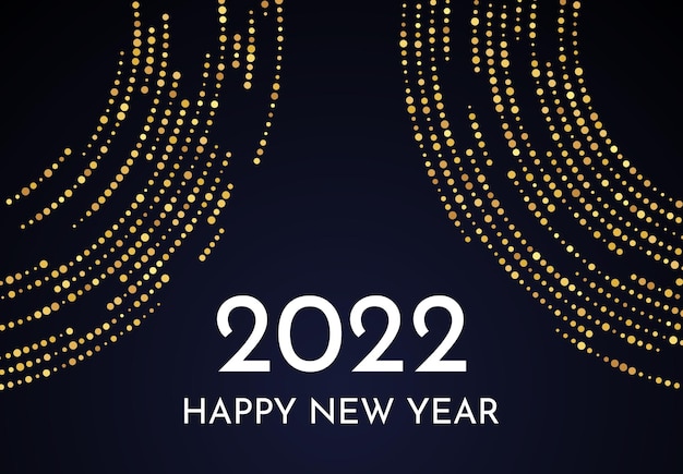 2022 Feliz año nuevo de patrón de brillo dorado en forma de círculo. Fondo punteado de semitono brillante de oro abstracto para la tarjeta de felicitación de vacaciones de Navidad sobre fondo oscuro. Ilustración vectorial