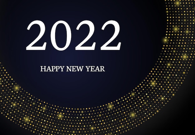 2022 Feliz año nuevo de patrón de brillo dorado en forma de círculo. Fondo punteado de semitono brillante de oro abstracto para la tarjeta de felicitación de vacaciones de Navidad sobre fondo oscuro. Ilustración vectorial