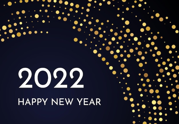 2022 Feliz año nuevo de patrón de brillo dorado en forma de círculo. Fondo punteado de semitono brillante de oro abstracto para la tarjeta de felicitación de vacaciones de Navidad sobre fondo oscuro. Ilustración vectorial