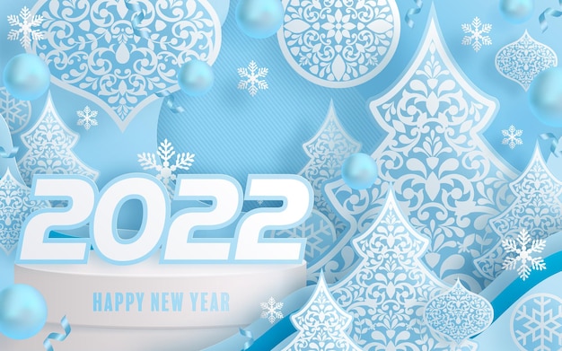 2022 Feliz año nuevo plantilla de diseño de Navidad. Diseño de logotipo para tarjetas de felicitación o para marca, pancarta, portada, tarjeta Feliz año nuevo 2022 con arte de corte de papel y estilo artesanal sobre fondo de color de papel.
