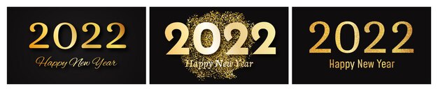 2022 fondo de oro feliz año nuevo. Conjunto de tres fondos abstractos de oro con una inscripción Feliz año nuevo en la oscuridad para tarjetas de felicitación navideñas, folletos o carteles. Ilustración vectorial