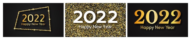 2022 fondo de oro feliz año nuevo. Conjunto de tres fondos abstractos de oro con una inscripción Feliz año nuevo en la oscuridad para tarjetas de felicitación navideñas, folletos o carteles. Ilustración vectorial