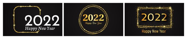 2022 fondo de oro feliz año nuevo. Conjunto de tres fondos abstractos de oro con una inscripción Feliz año nuevo en la oscuridad para tarjetas de felicitación navideñas, folletos o carteles. Ilustración vectorial