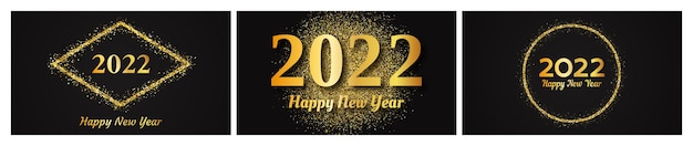 2022 fondo de oro feliz año nuevo. Conjunto de tres fondos abstractos de oro con una inscripción Feliz año nuevo en la oscuridad para tarjetas de felicitación navideñas, folletos o carteles. Ilustración vectorial