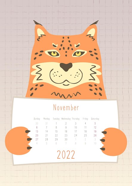 2022 noviembre calendario lindo puma lynx gato animal sosteniendo una hoja de calendario mensual estilo infantil dibujado a mano