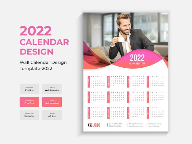 2022 plantilla de diseño de calendario de pared de una sola página colorido calendario de año nuevo multiusos