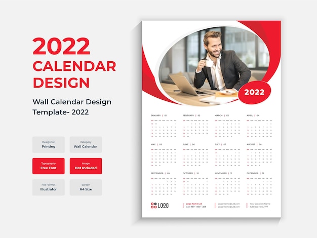 2022 plantilla de diseño de calendario de pared de una sola página colorido planificador de año nuevo multiusos