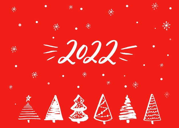 2022 tarjeta de felicitación. Mano letras números de año nuevo y árboles de Navidad dibujados a mano sobre fondo rojo.