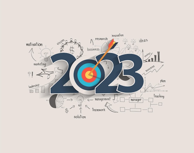 2023 año nuevo concepto de audiencia objetivo Pensamiento creativo dibujar tablas y gráficos idea de plan de estrategia de éxito empresarial en dardo objetivo con flecha Ilustración vectorial plantilla de diseño moderno