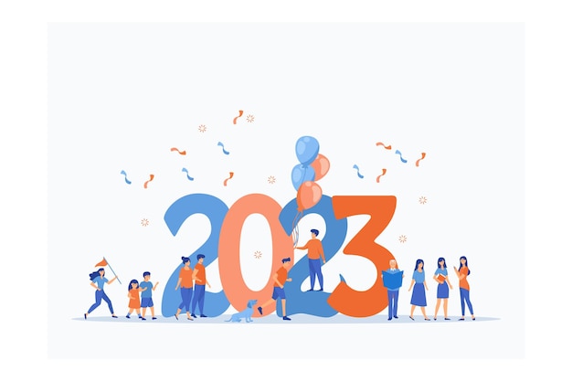 2023 Año Nuevo con el nuevo concepto de ideas de estilo de vida normal. Personas con máscara en letras grandes y planas