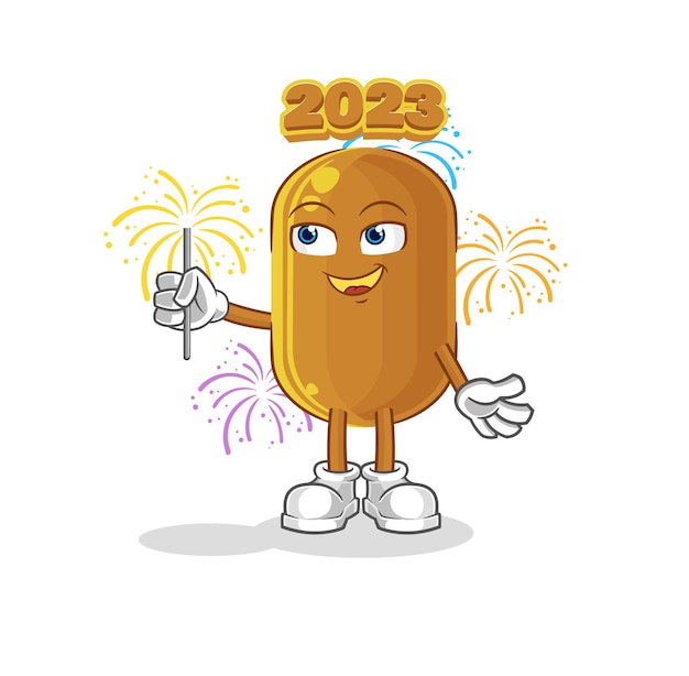 2023 año nuevo con vector de dibujos animados de mascota de fuegos artificiales