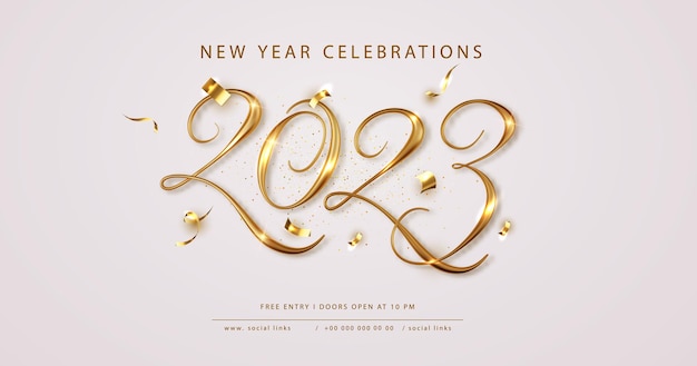 2023 Banner elegante de feliz año nuevo con confeti cayendo sobre fondo brillante Para volantes de fiestas navideñas y de invierno