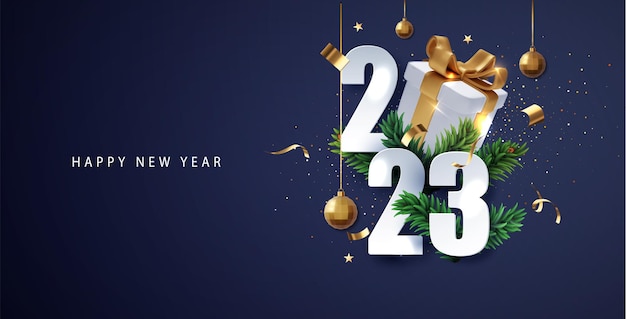 2023 banner de feliz año nuevo con caja de regalo realista navidad 2023 póster banner cubierta tarjeta folleto diseño de volante diseño