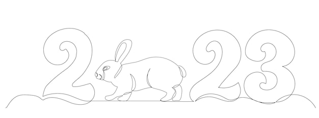 2023 y boceto de conejo vector de dibujo de línea continua