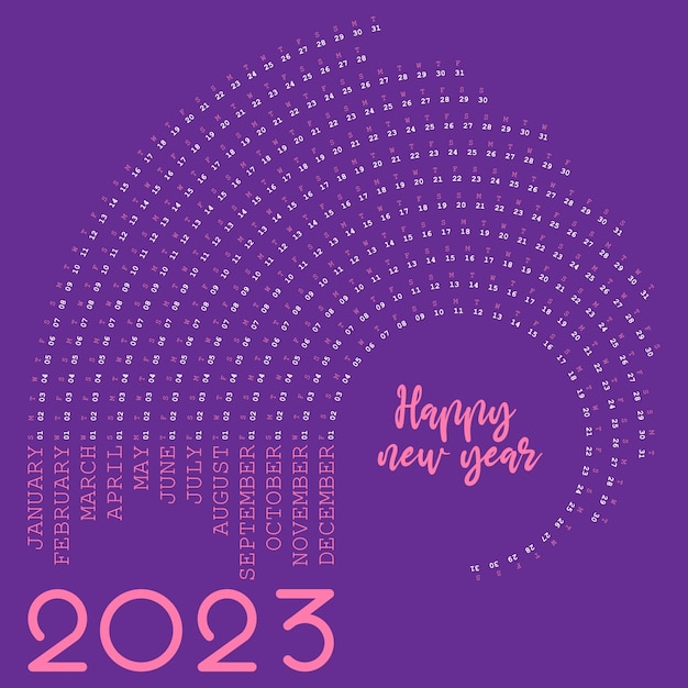 2023 calendario feliz año nuevo tarjeta fondo morado