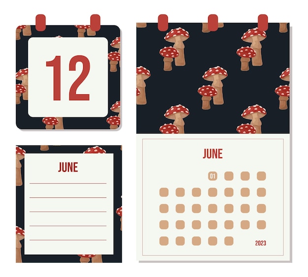 2023 calendario de hongos mes de junio. Fondo de hongo rojo