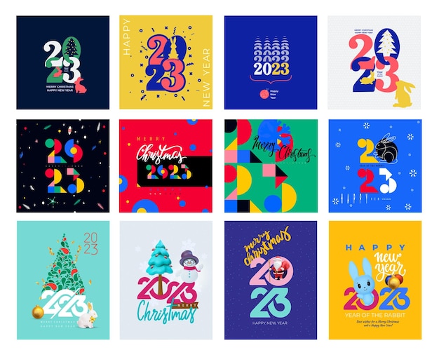 2023 Carteles de feliz año nuevo Plantillas de diseño con logotipo de tipografía 2023 para celebración concepto creativo gran conjunto Fondos de moda de vector minimalista para tarjeta de portada de banner año del conejo