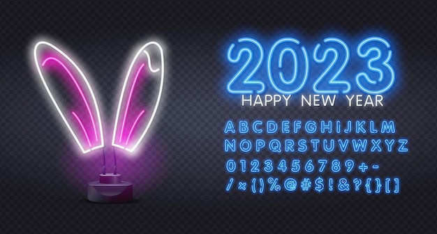 2023 con conejo neon 3d render año del conejo para presentación de productoIlustración vectorial de un conejo con la inscripción 2023