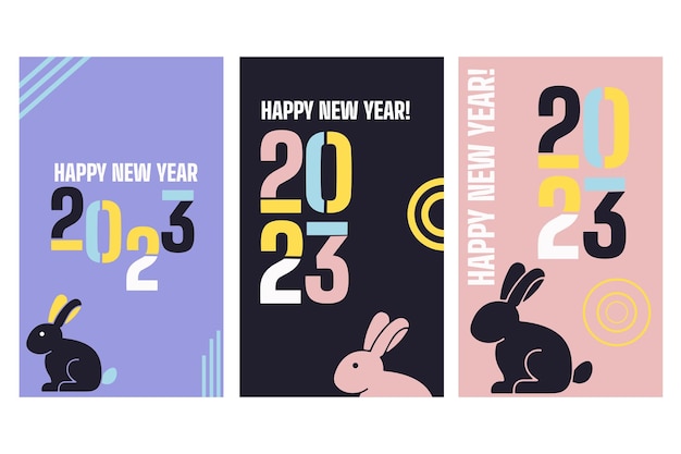 2023 conjunto de carteles de feliz año nuevo con diseño de tipografía geométrica abstracta de conejo