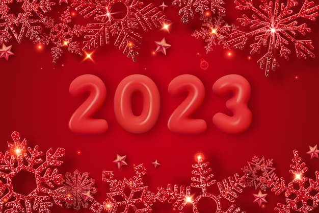 2023 Decoración de números realistas en 3d y copo de nieve brillante Tarjeta de felicitación de Año Nuevo 2023