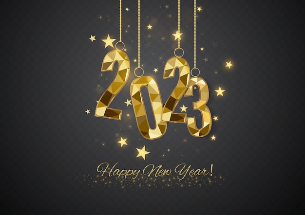 2023 Feliz año nuevo banner de fondo líneas de estrellas doradas brillantes tipografía de letras manuscritas